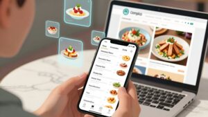 Голографическое меню в смартфоне на фоне старого ноутбука как сравнение бот заказов против сайта ресторана